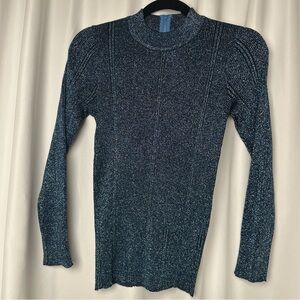 Vintage Universal Metallic Knit Top Back Zip Mock Neck 70s Disco Glam